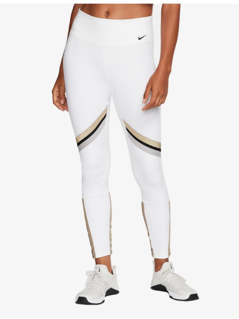 Nike White High-Waist 7/8 Leggings with Gold and Black Detail